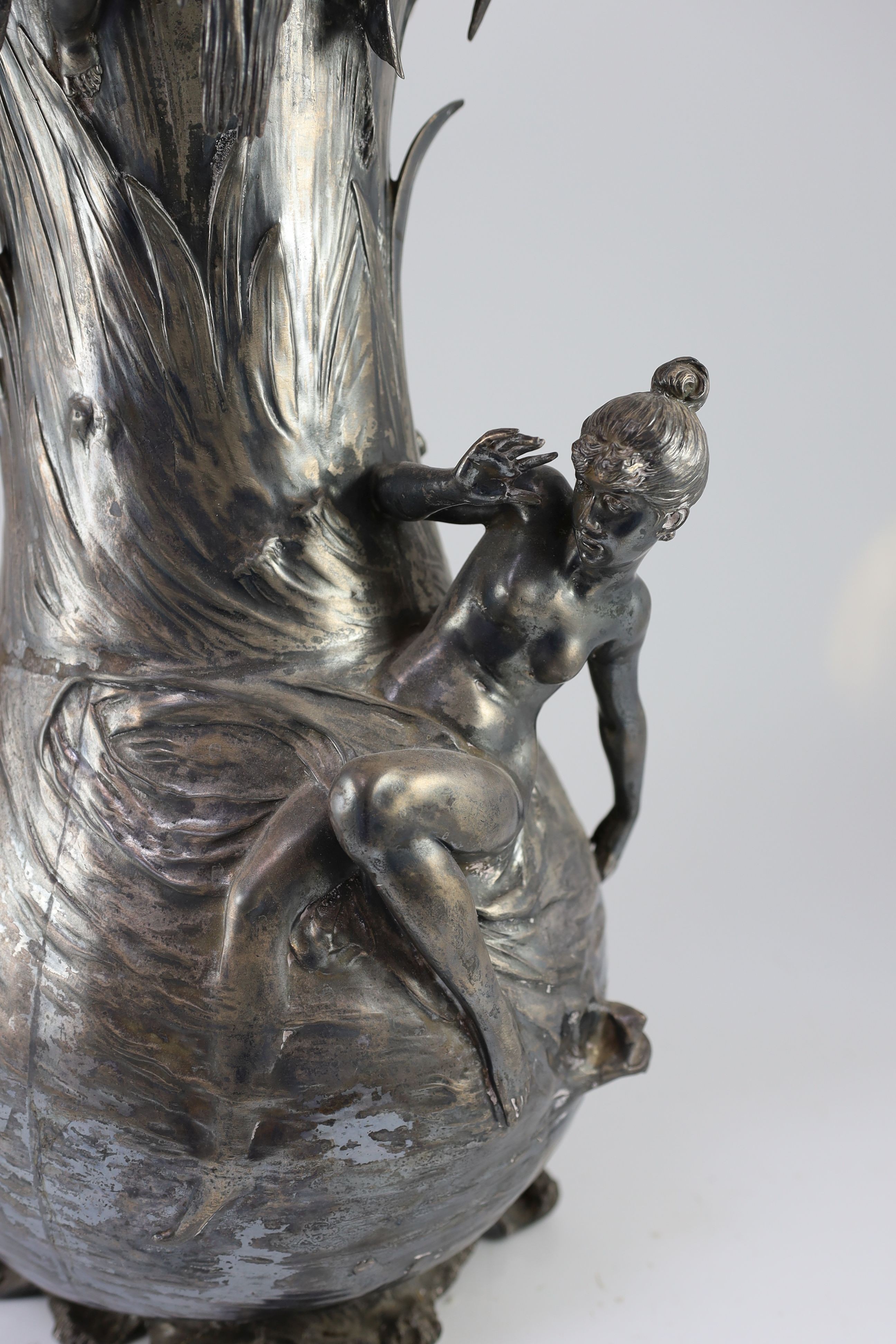 An unusually large WMF Art Nouveau silvered pewter vase, height 57cm